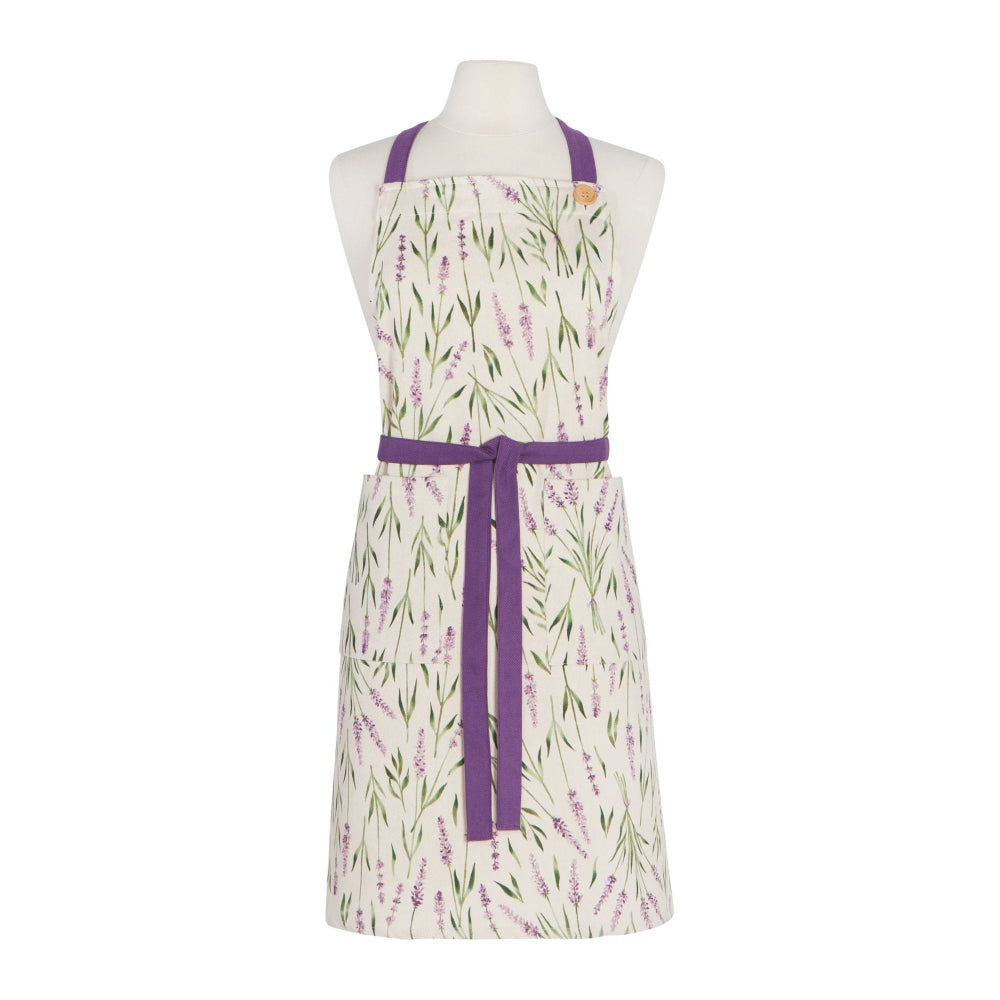 Floral apron with a purple belt on a mannequin against a white background
