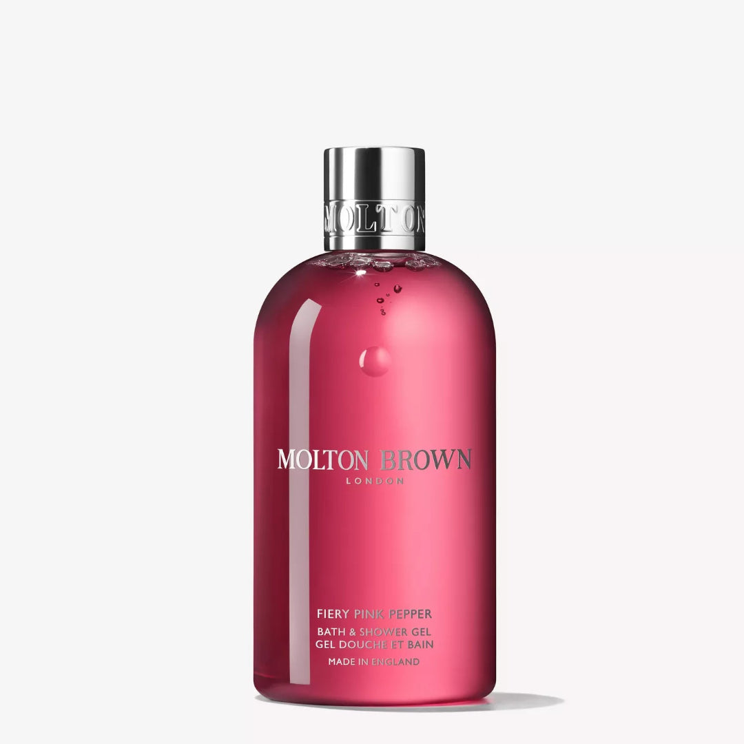 Molton Brown Fiery Pink Pepper bath and shower gel bottle on a white background