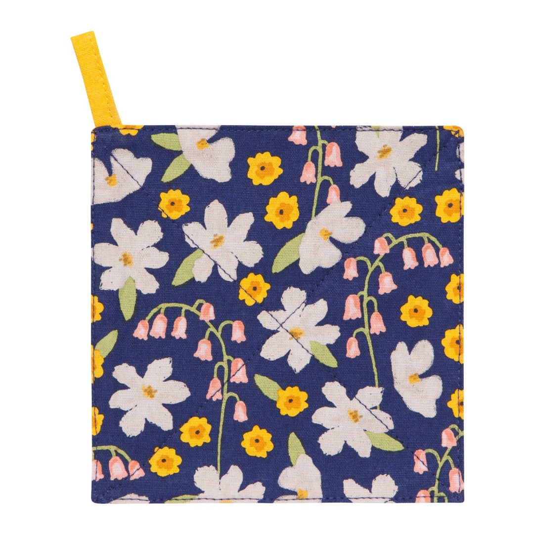 Floral-patterned pouch with a yellow strap on a white background