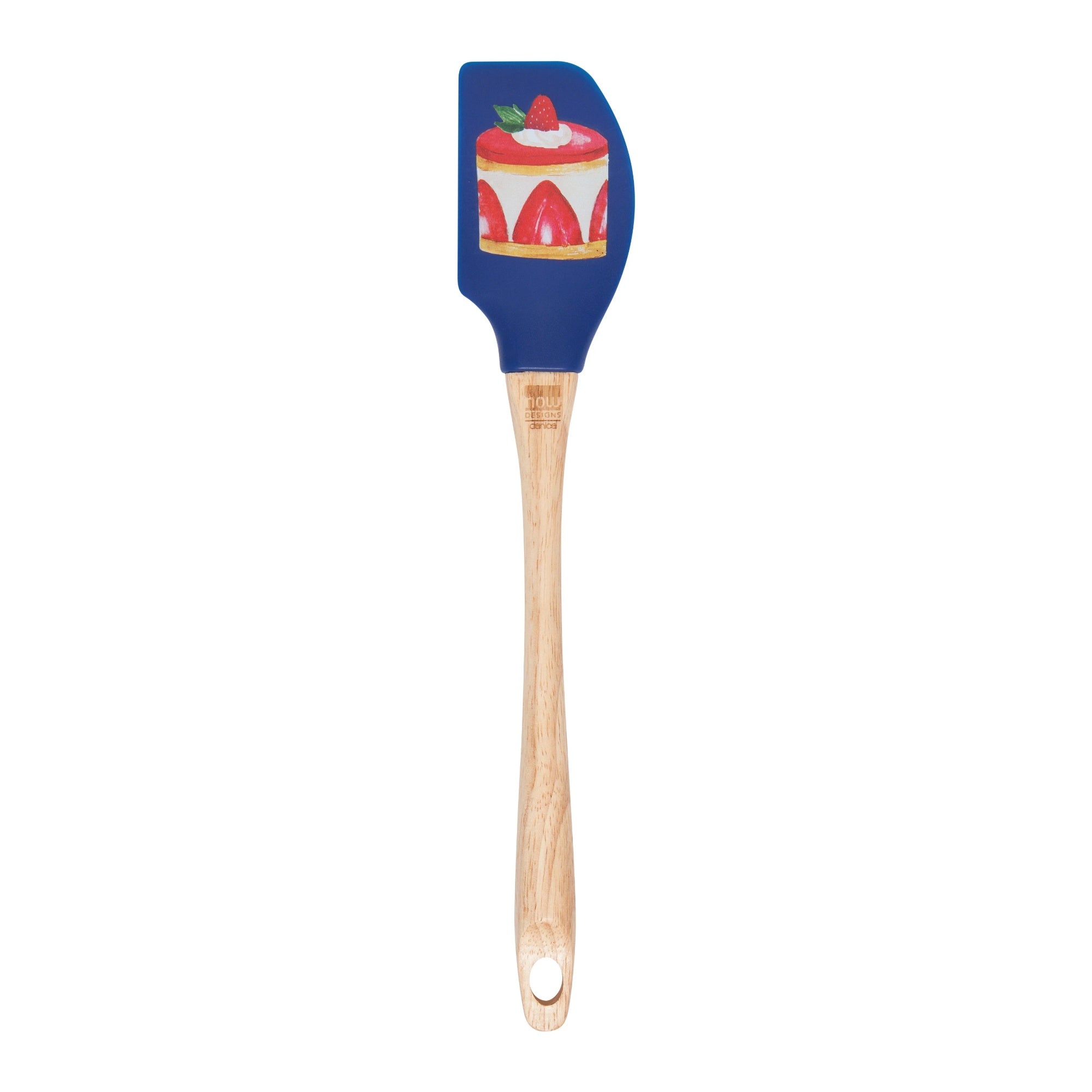 Spatula with blue silicone head and wooden handle on a white background