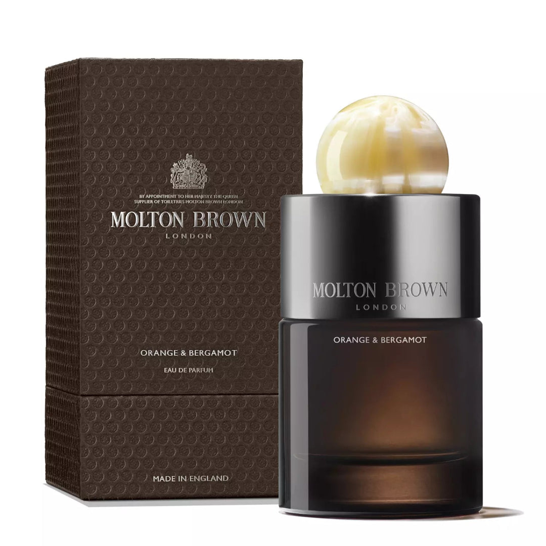 Molton Brown Orange & Bergamot Eau de Parfum bottle with packaging, displaying the brand's logo and the product name.