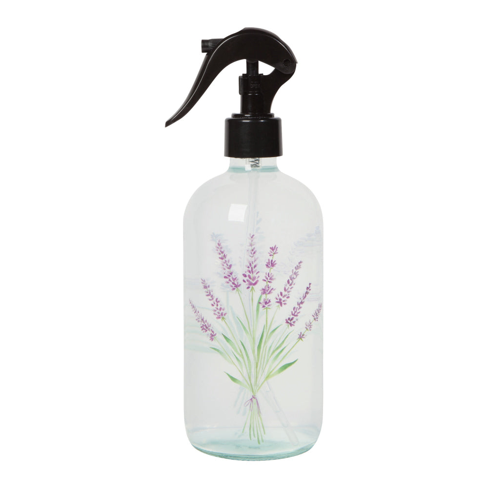 Clear glass spray bottle with black nozzle and lavender design on a white background