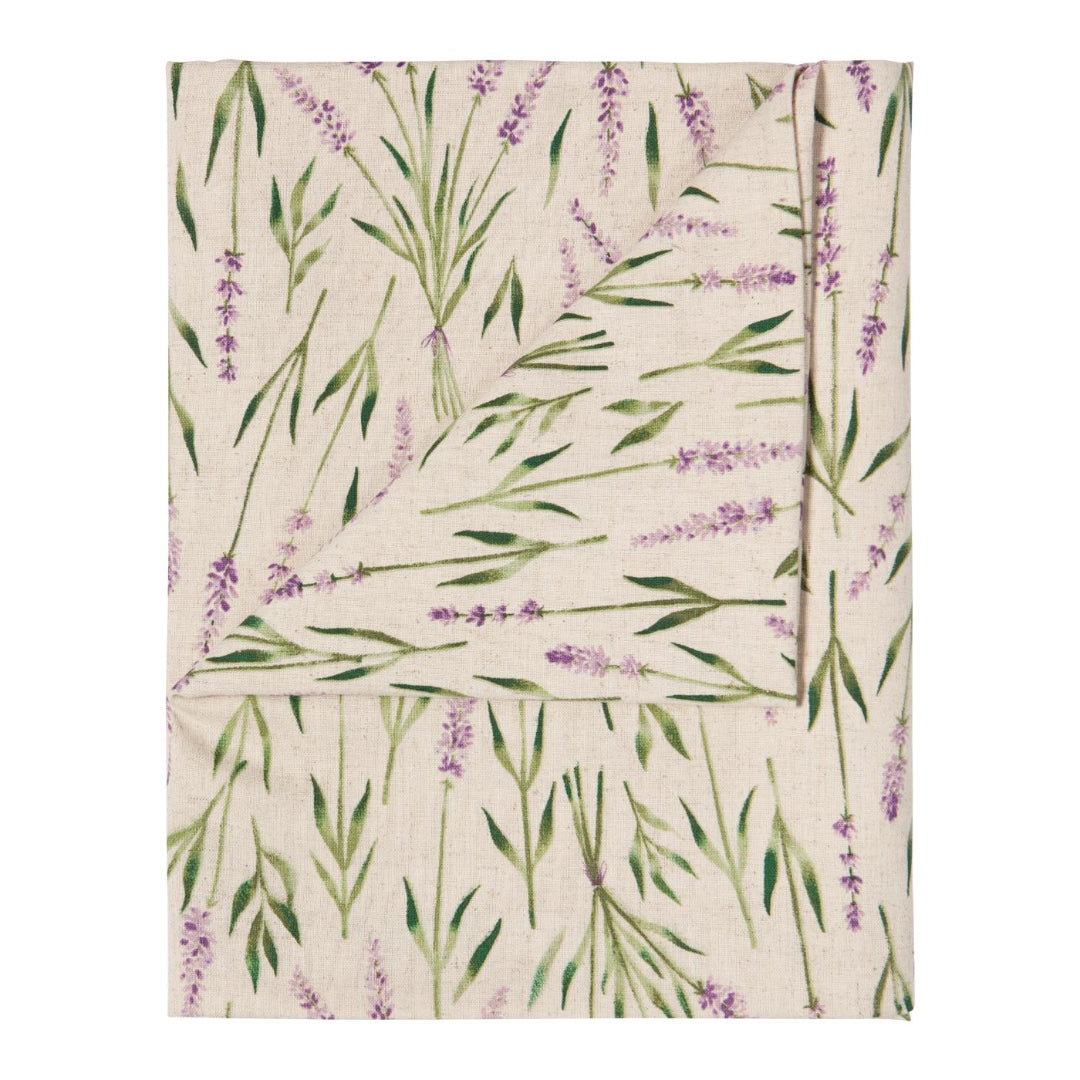 Floral patterned fabric with green leaves and purple flowers on a white background