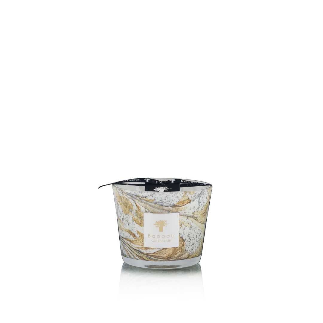 Candle with decorative hand blown glass on a white background