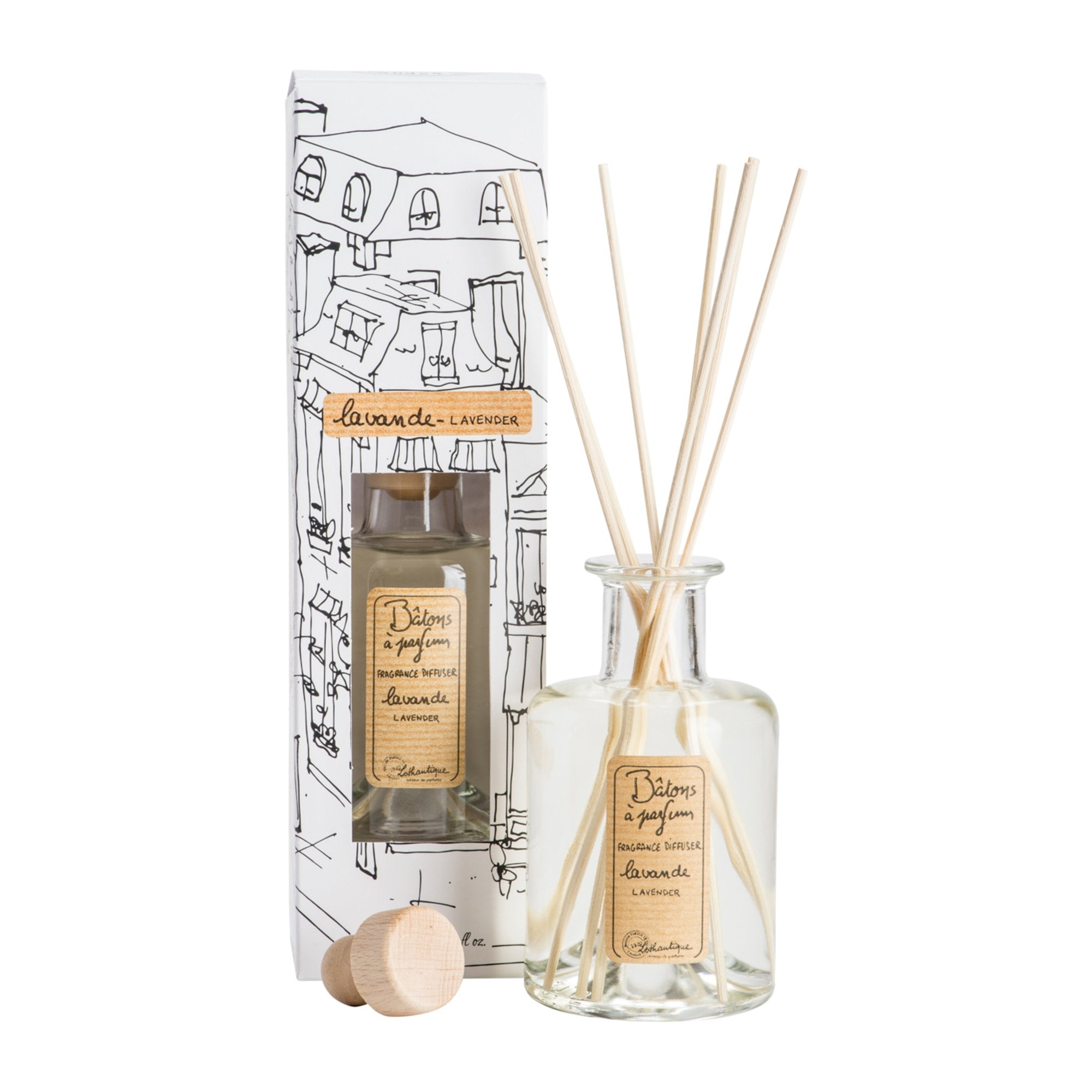 Diffuser bottle with wooden sticks and packaging featuring a house illustration on a white background