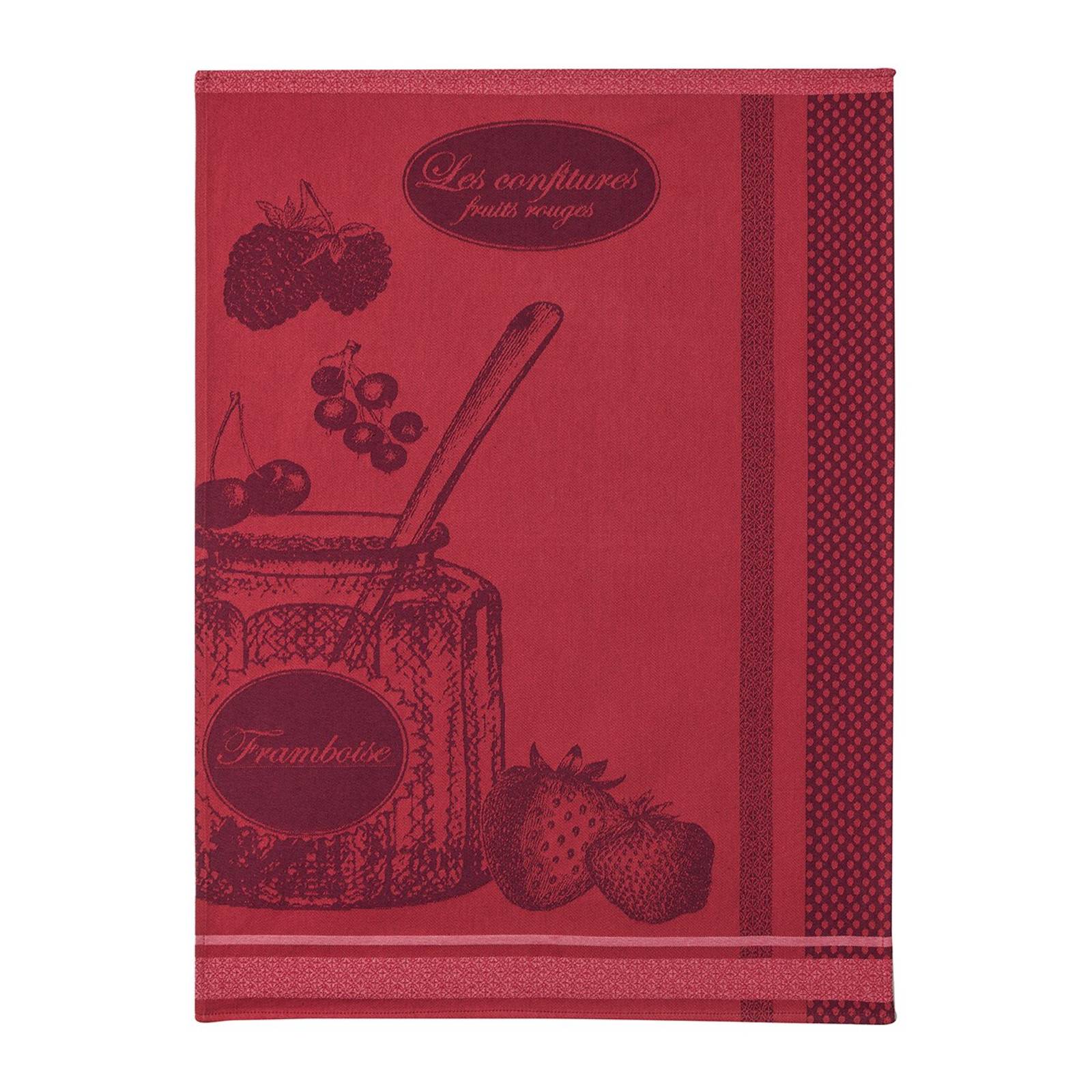 Red towel with jam jar and strawberry design on a white background