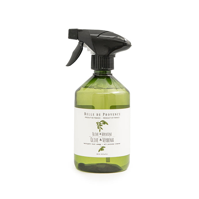 Green spray bottle with black nozzle on a white background