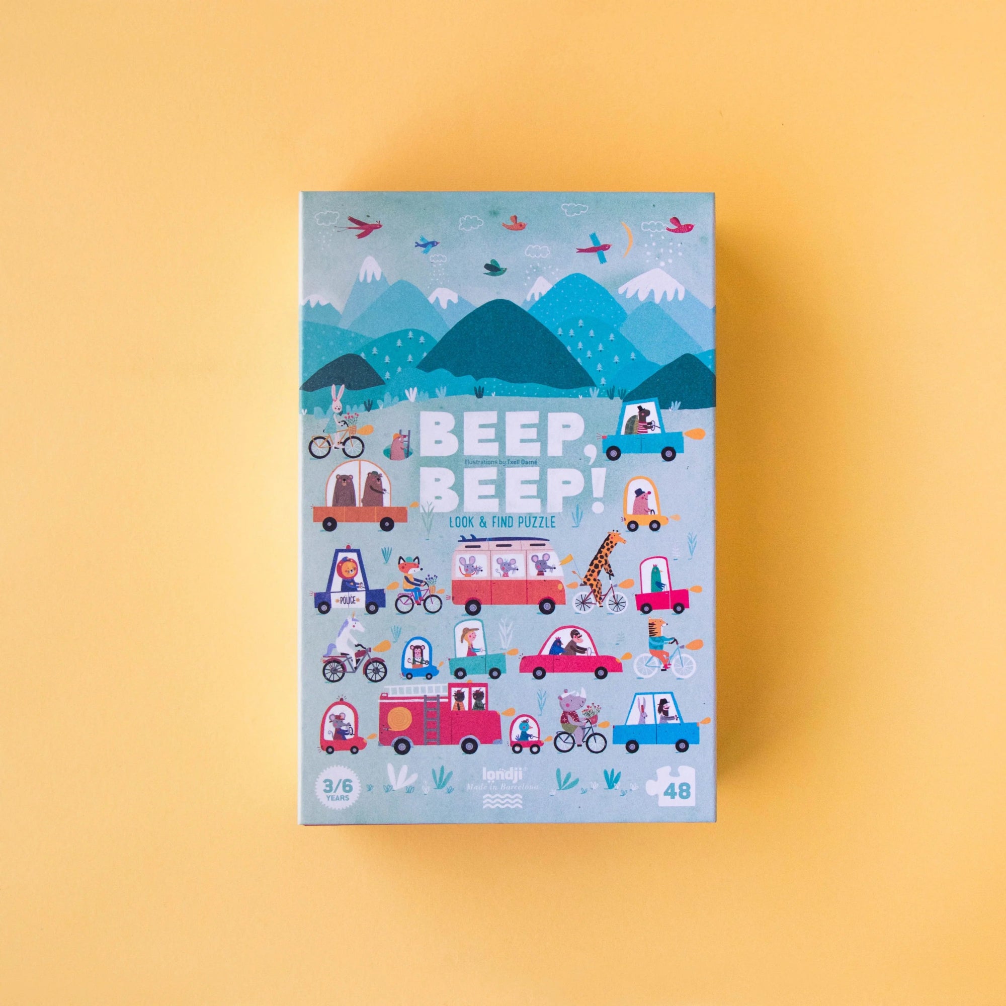 Children's puzzle book titled 'Beep Beep!' on a yellow background