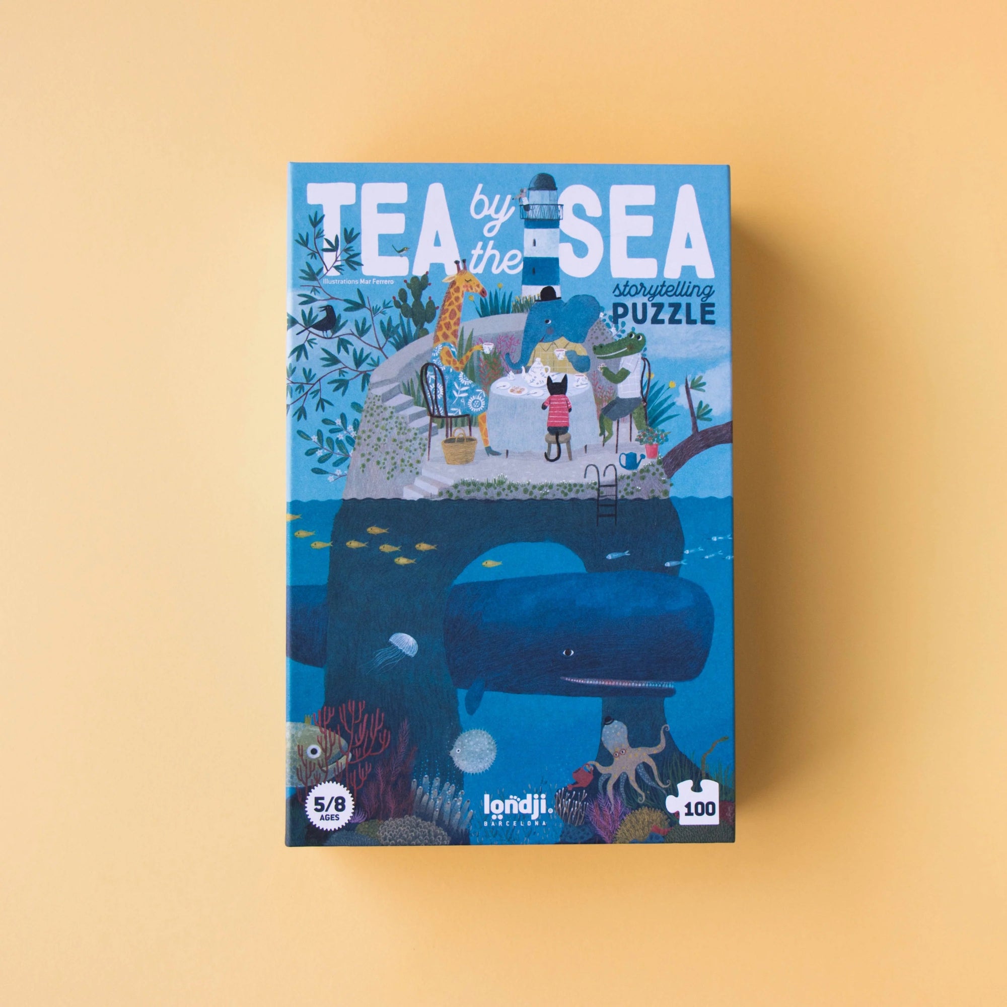 Puzzle box titled 'Tea by the Sea' on a yellow background