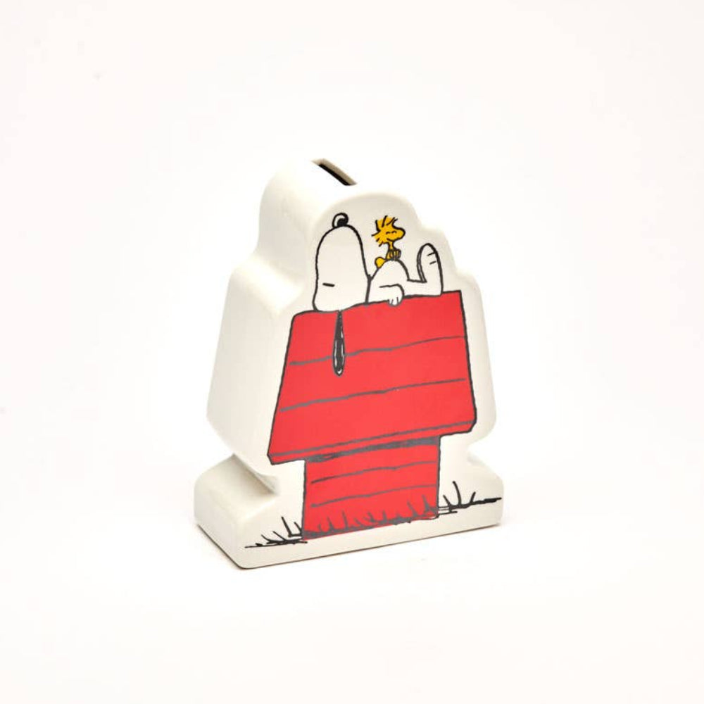 Ceramic Snoopy & Woodstock on his doghouse on a white background
