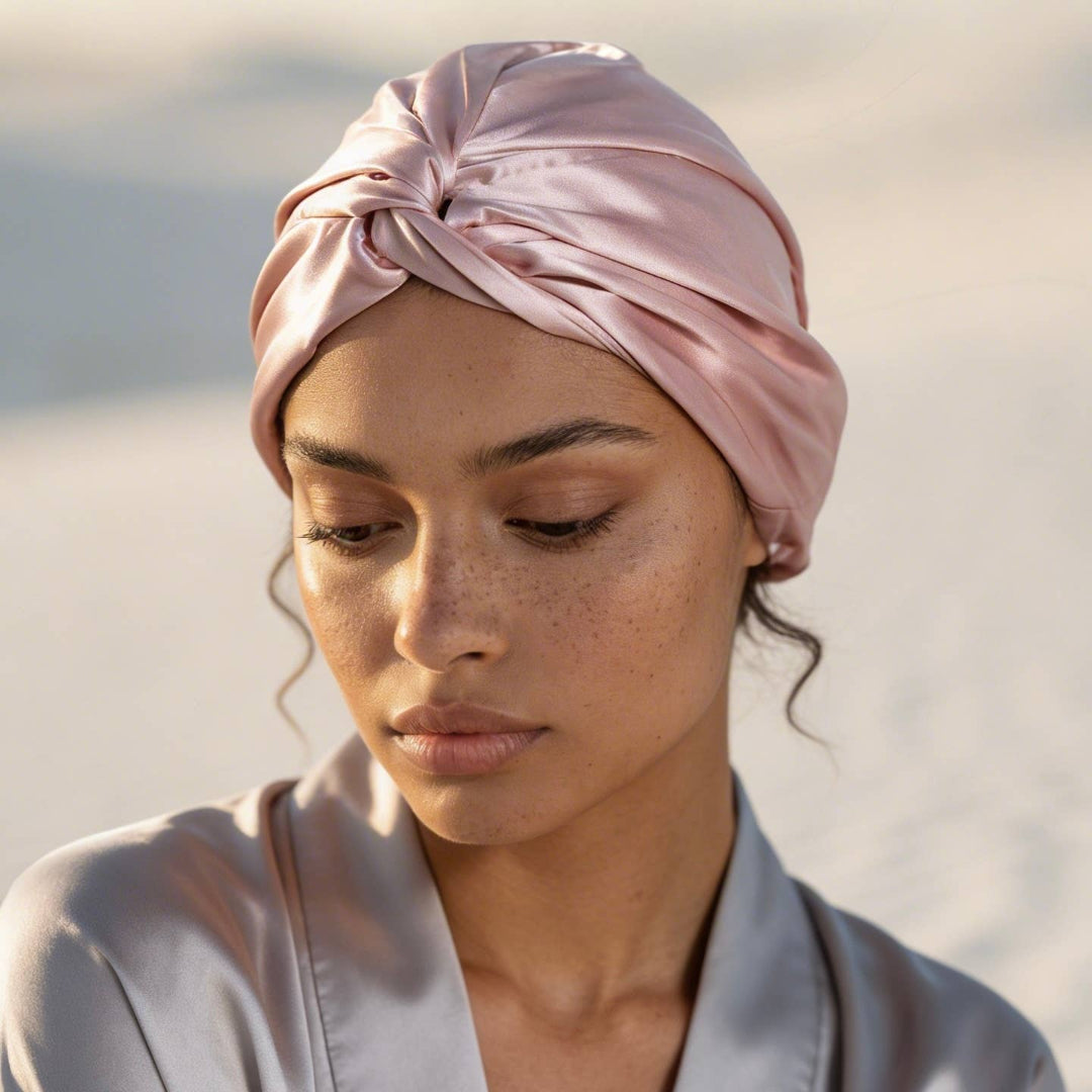 Woman wearing a pink hair bonnet 