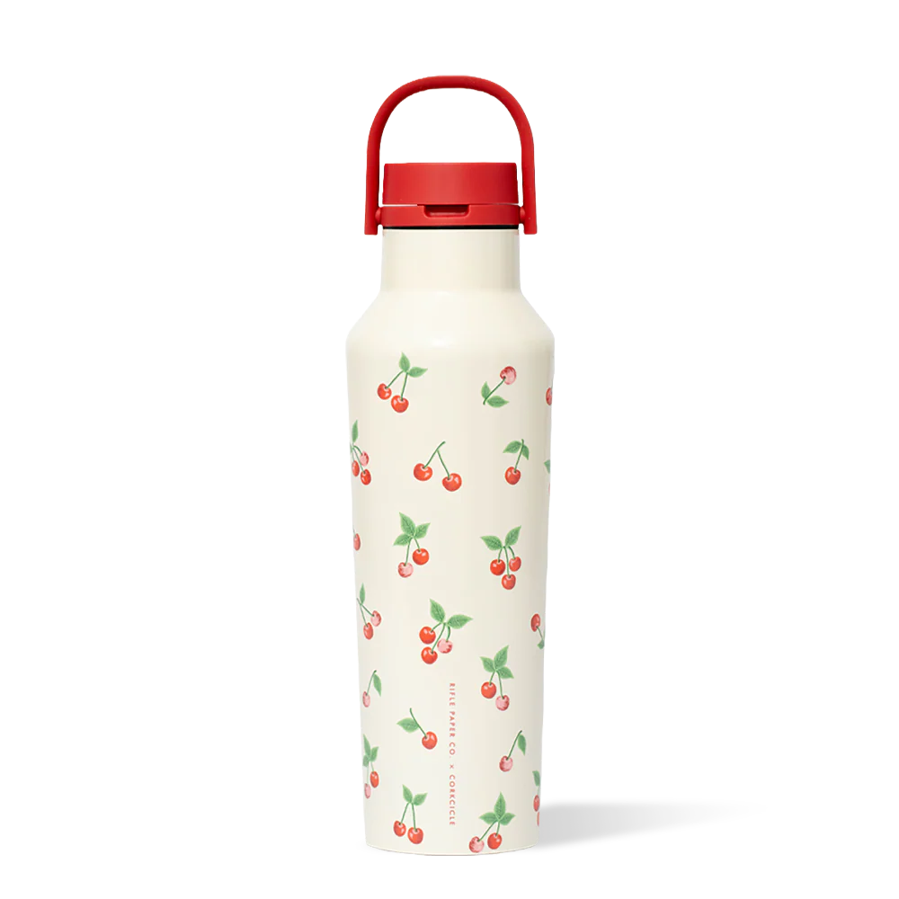 Off-White water bottle with cherry pattern and red lid on a white background