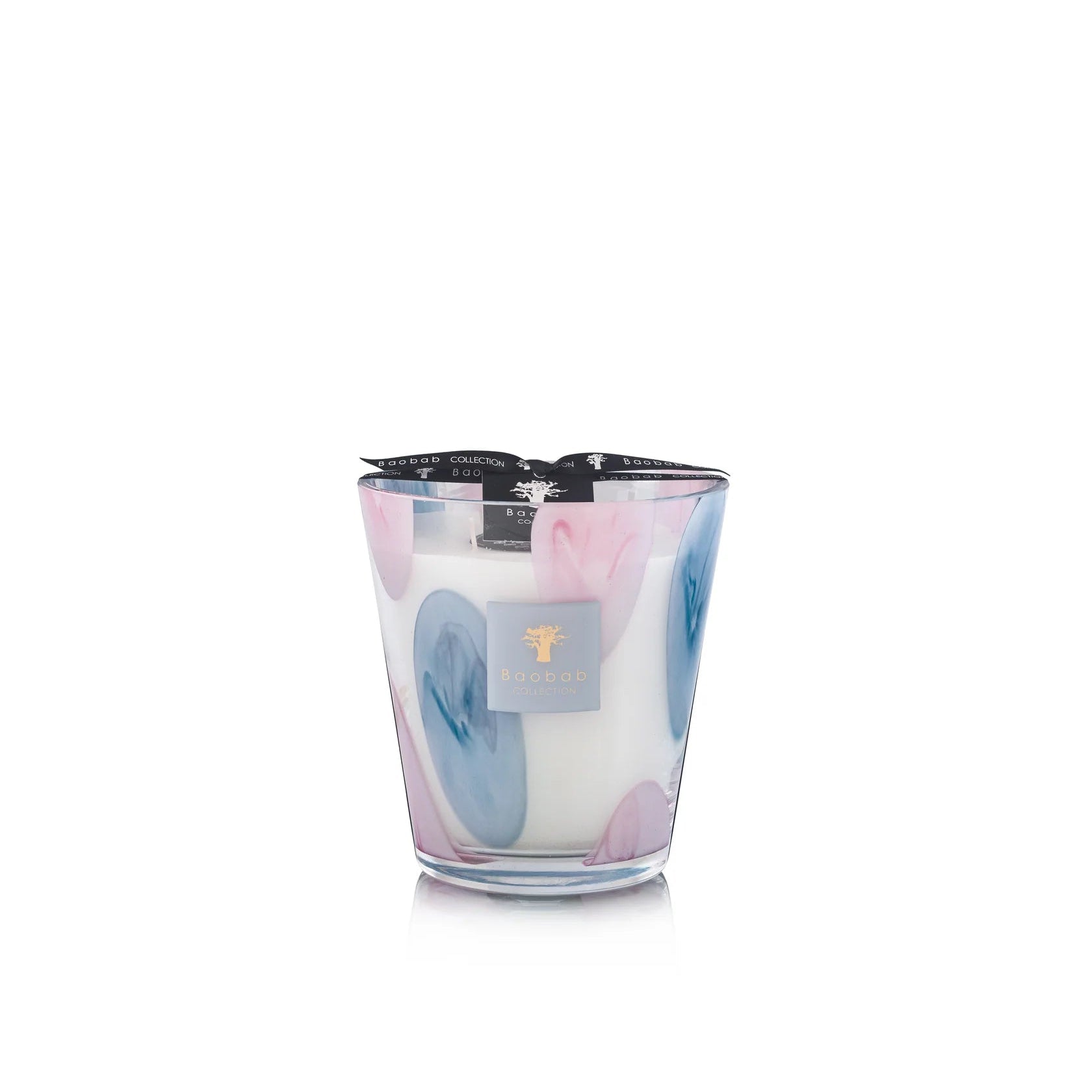 A set of Baobab Riviera Leopolda scented candles in various sizes with transparent glass and pink and blue floral patterns.
