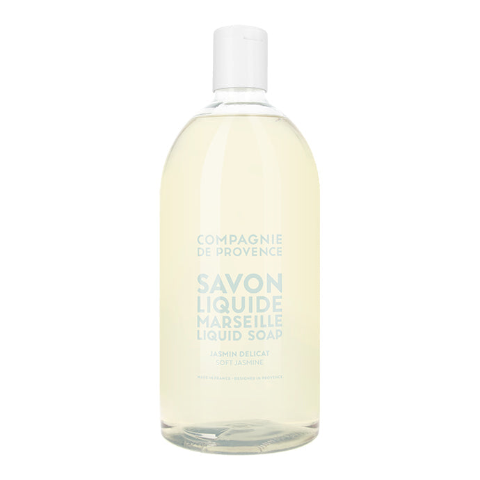 A clear plastic bottle containing liquid hand soap with a label that reads 'Compagnie de Provence SAVON Liqueur Marseille'.