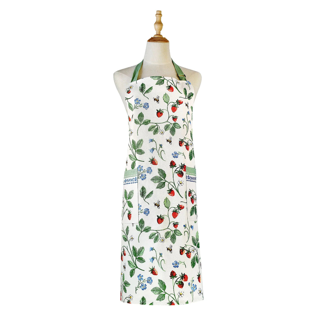 Floral apron with strawberry design on a mannequin against a white background