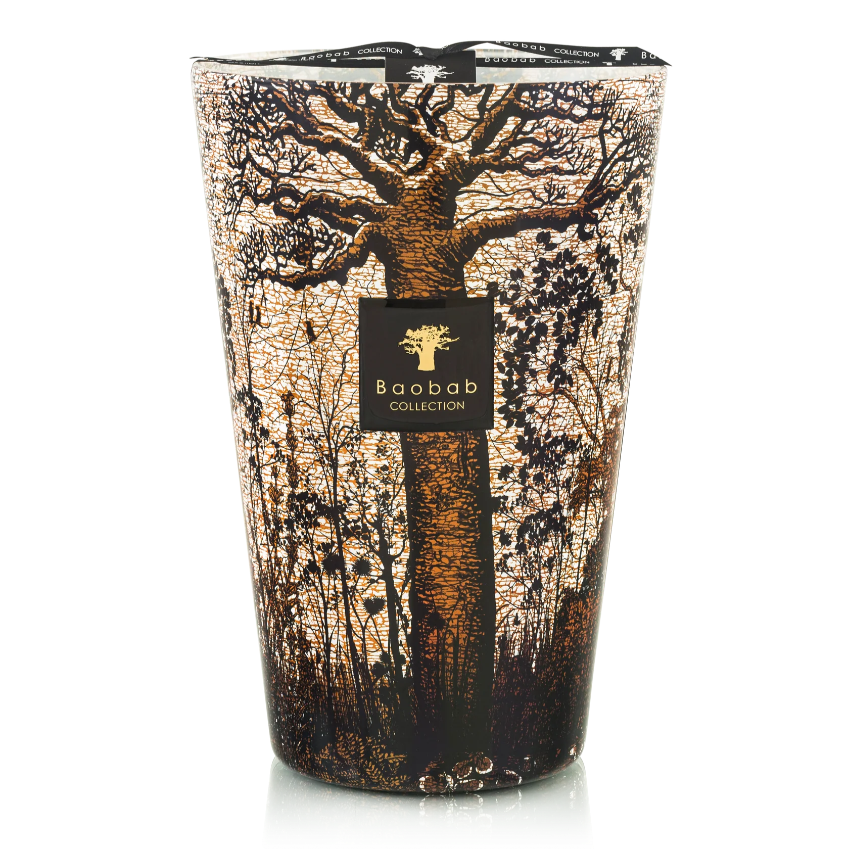 Decorative candle with tree design and Baobab Collection logo on a white background