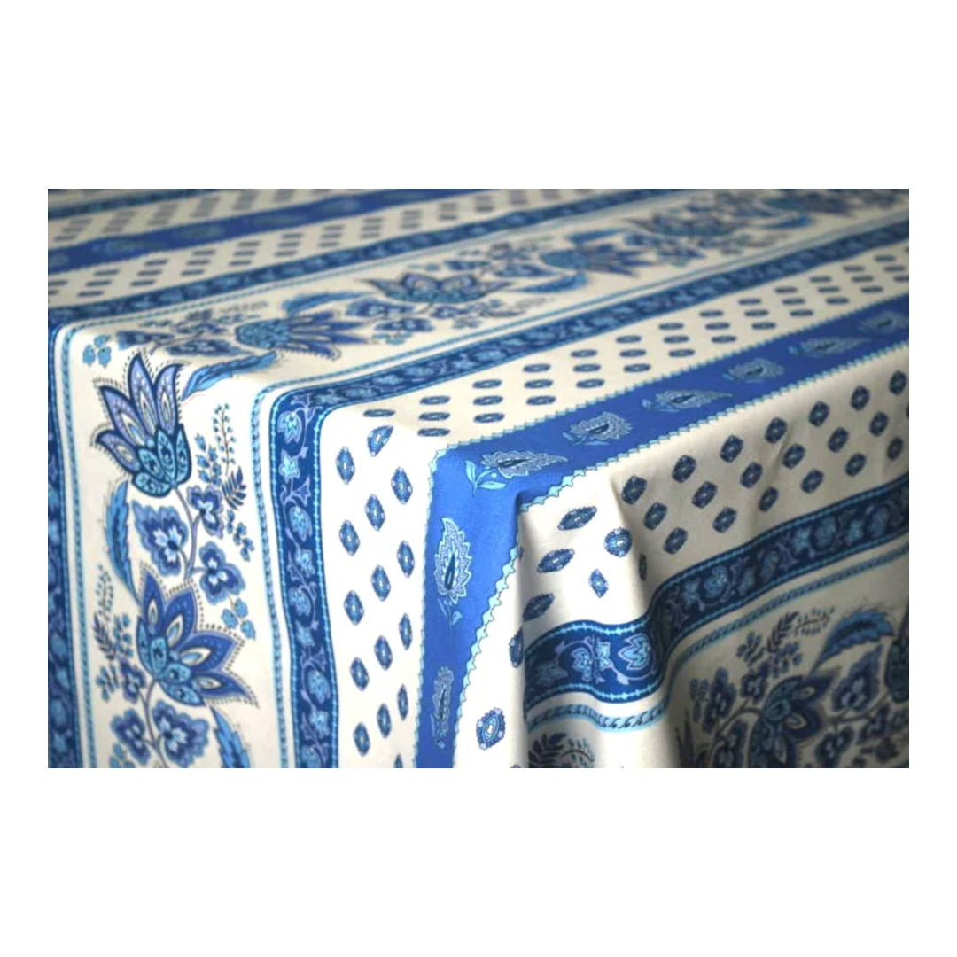 Blue and white patterned fabric on a white background