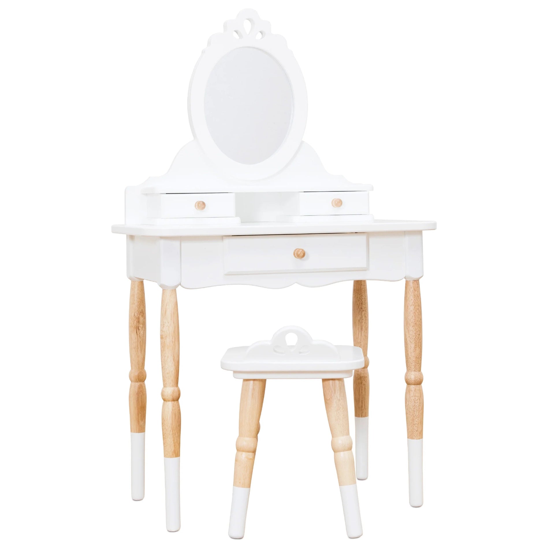 A white wooden dressing-up vanity table with a mirror and a matching stool. The table has two tiers with storage drawers and wooden legs, decorated with a combination of white paint and natural wood.