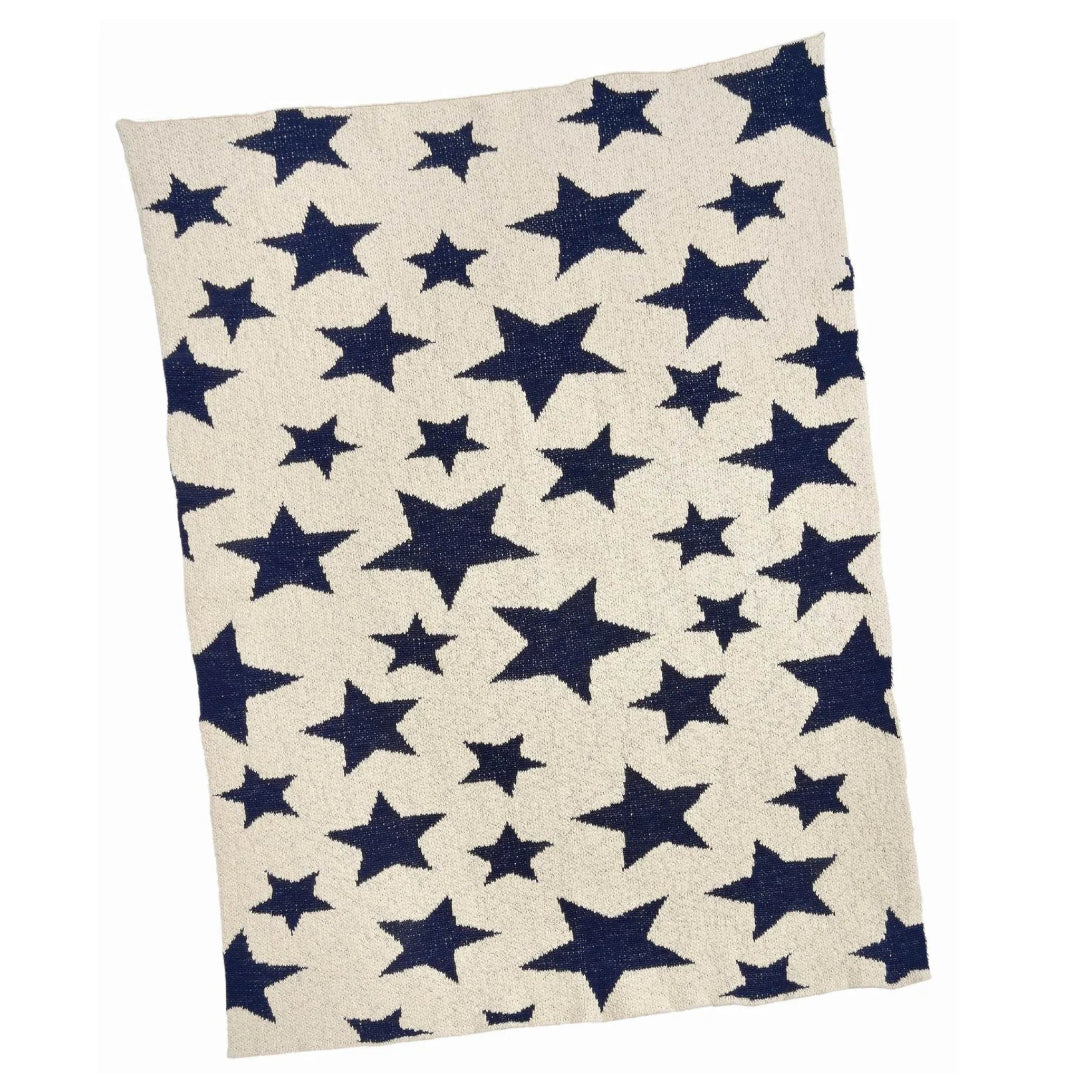 A navy blue and white baby blanket with a stars pattern, laid flat.