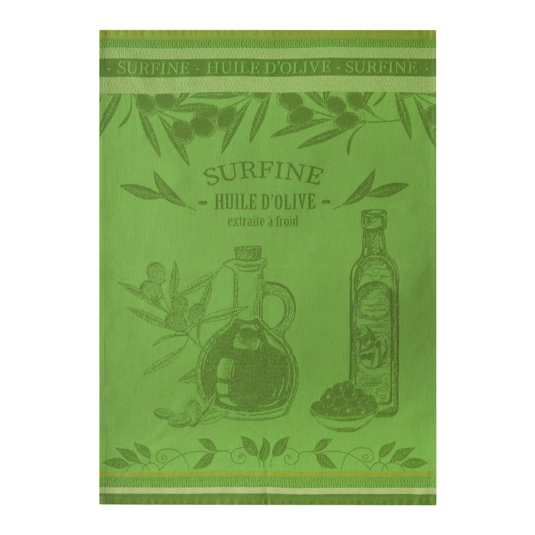 Green towel with olive oil design and 'Surfine Huile d'Olive' text on a white background