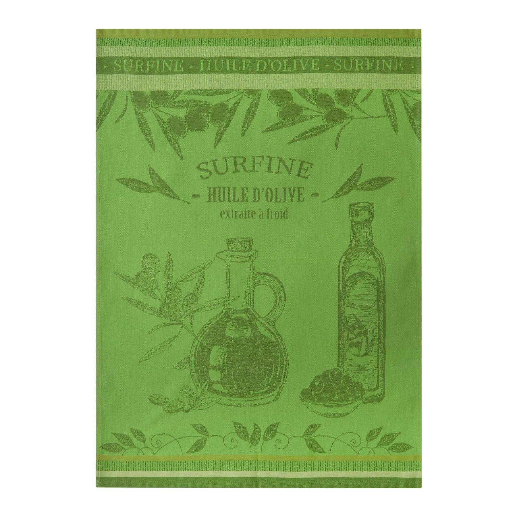 Green towel with olive oil design and 'Surfine Huile d'Olive' text on a white background