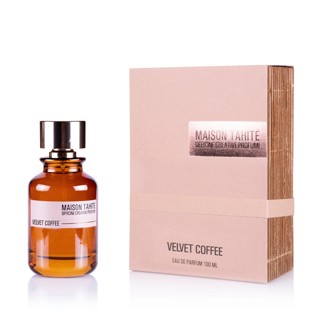 A bottle of Velvet Coffee Eau de Parfum next to its packaging box.