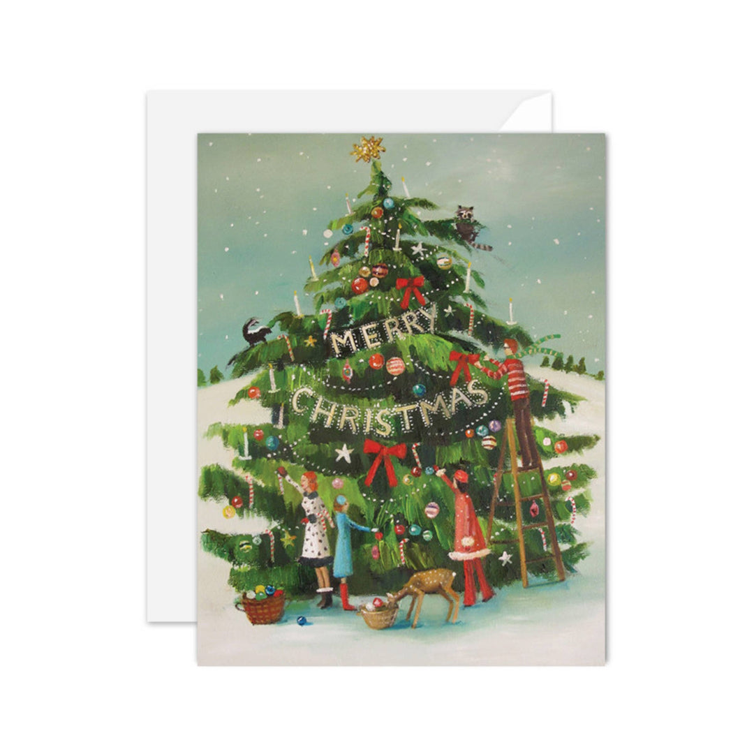 JANET HILL STUDIO - La famille Peppermint décore le sapin. Carte vierge