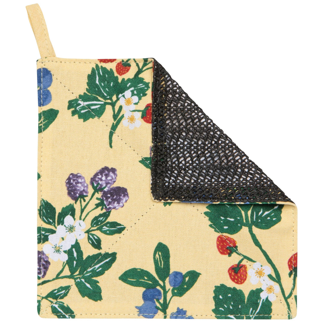 Floral-patterned pot holder with a textured back on a white background