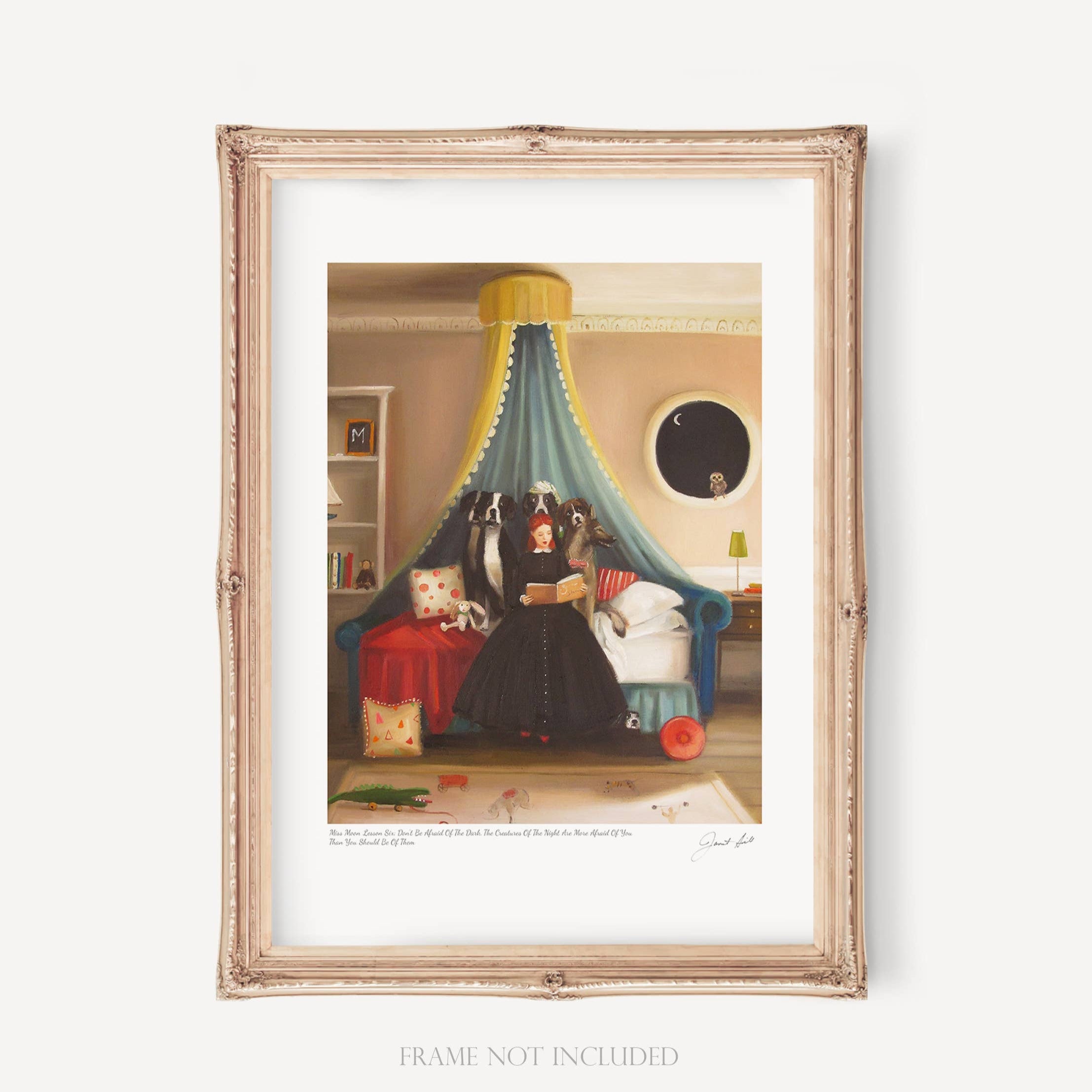 A framed art print featuring a vintage-style illustration of a woman reading to a dog in a room with a blue moon and a red cat.