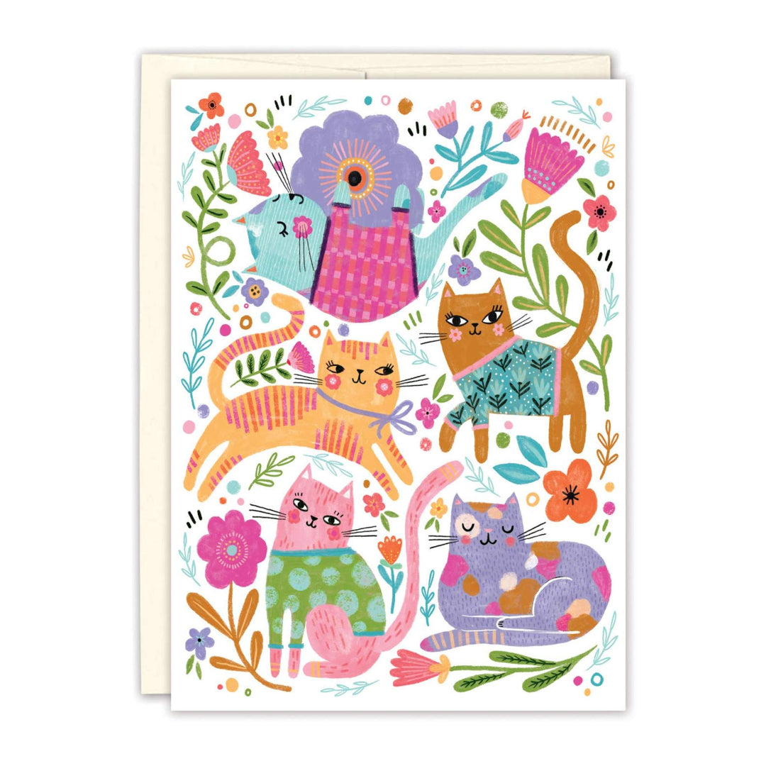 Colorful card with cartoon cats and flowers on a white background