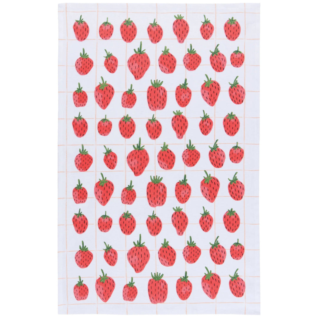 Tea towel with strawberry print on a white background with grid lines