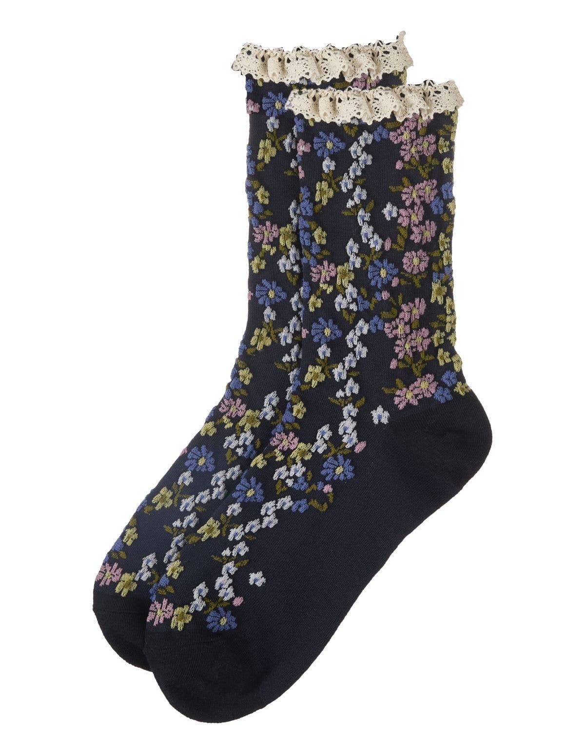 Liberty Floral Lace Cuff Crew Socks Black