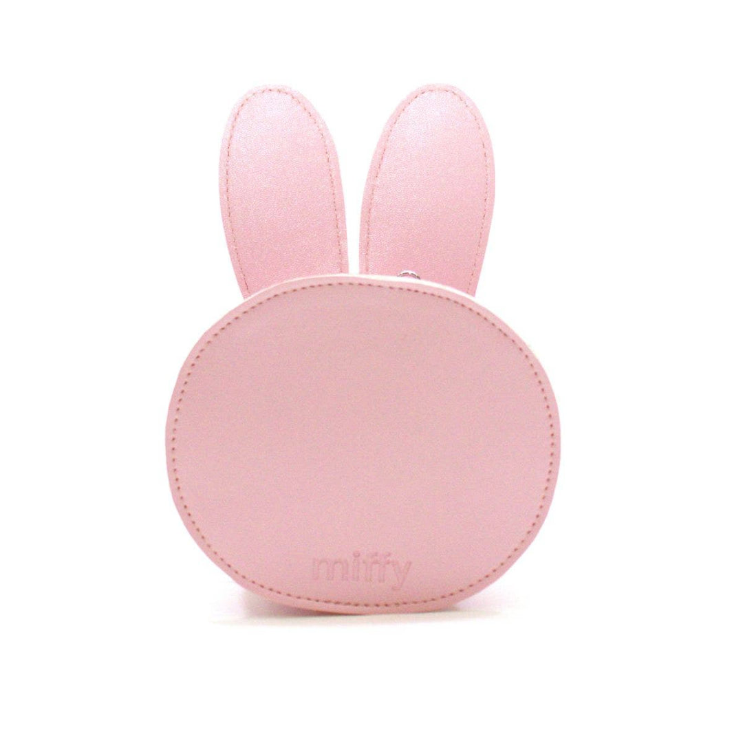 Pink bunny-shaped pouch with 'miffy' branding on a white background