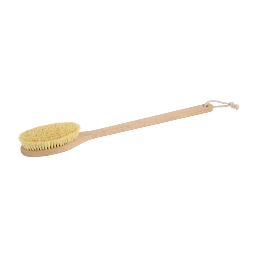 Bare skin body brush with a wooden handle on a white background