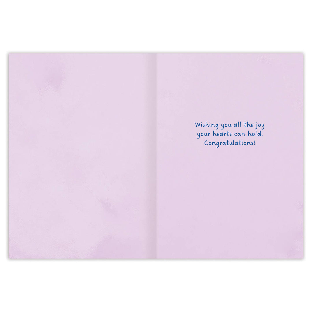 Open card with purple interior and blue text on a white background