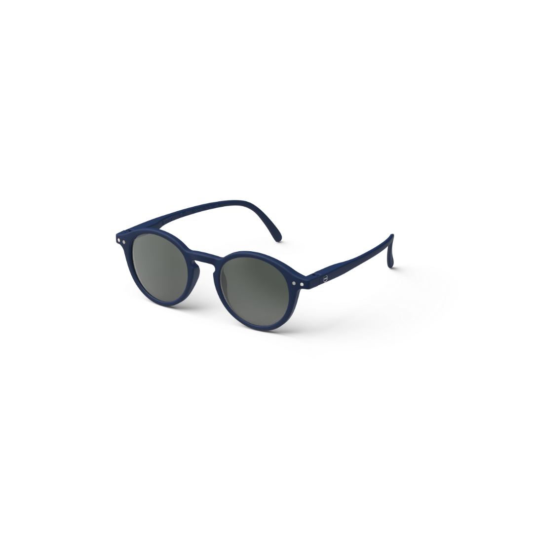 A pair of navy blue junior sunglasses with a round shape and mirrored lenses.