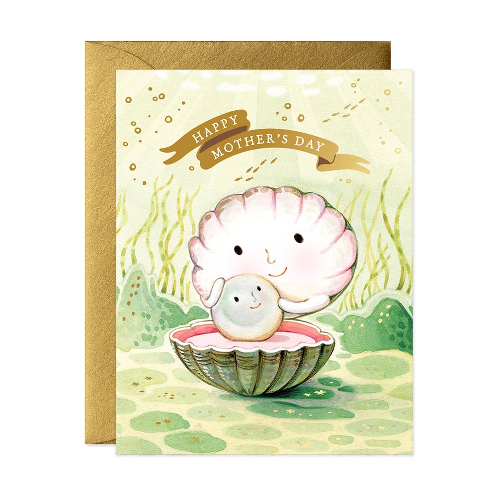 Mother's Day card with a shell and baby illustration on a white background