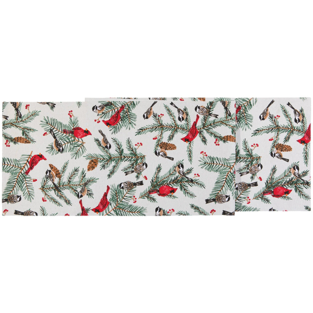 Set of two Christmas-themed table runners with birds and pine cones on a white background