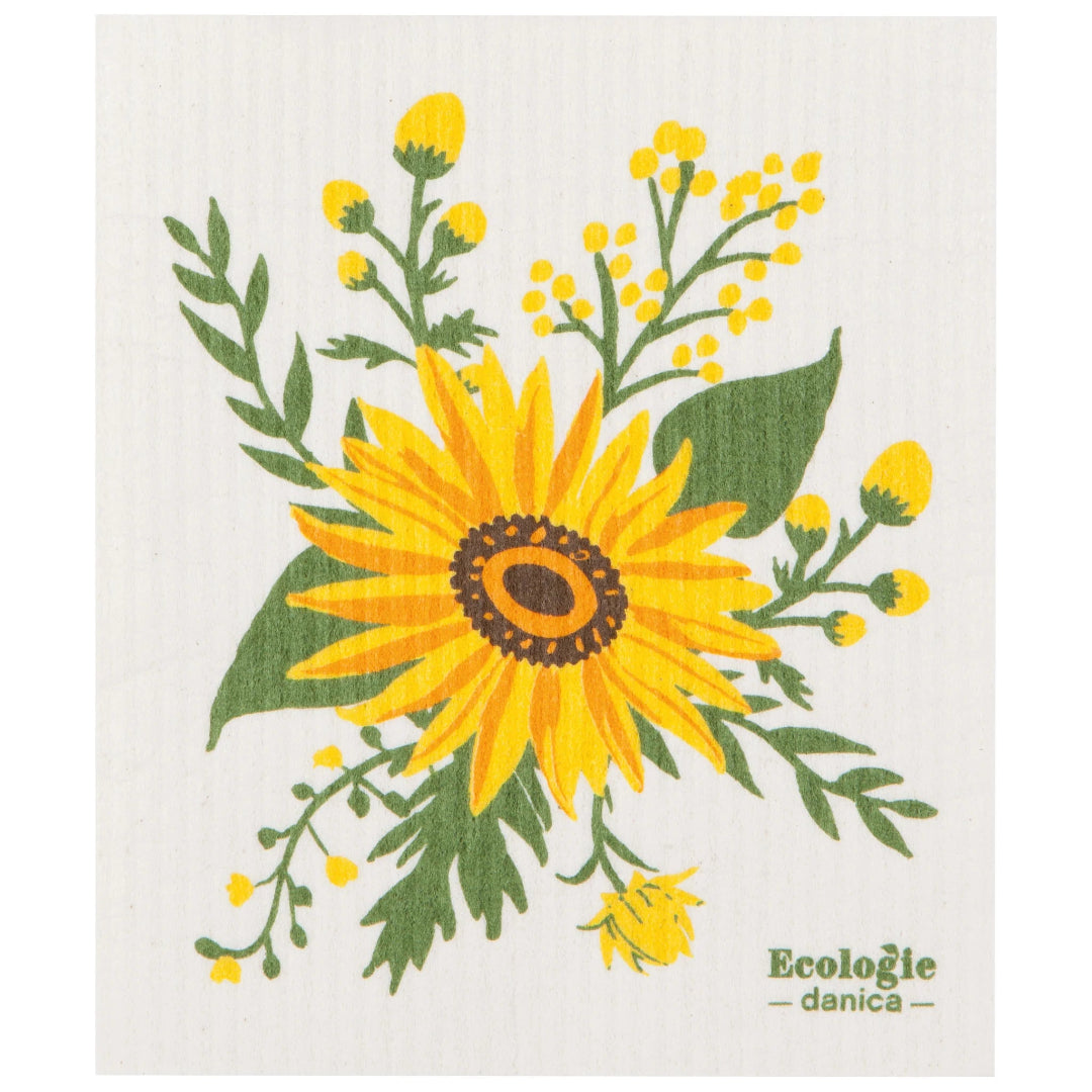 Floral design with a sunflower on a white background, featuring the brand 'EcoLogie danica'.