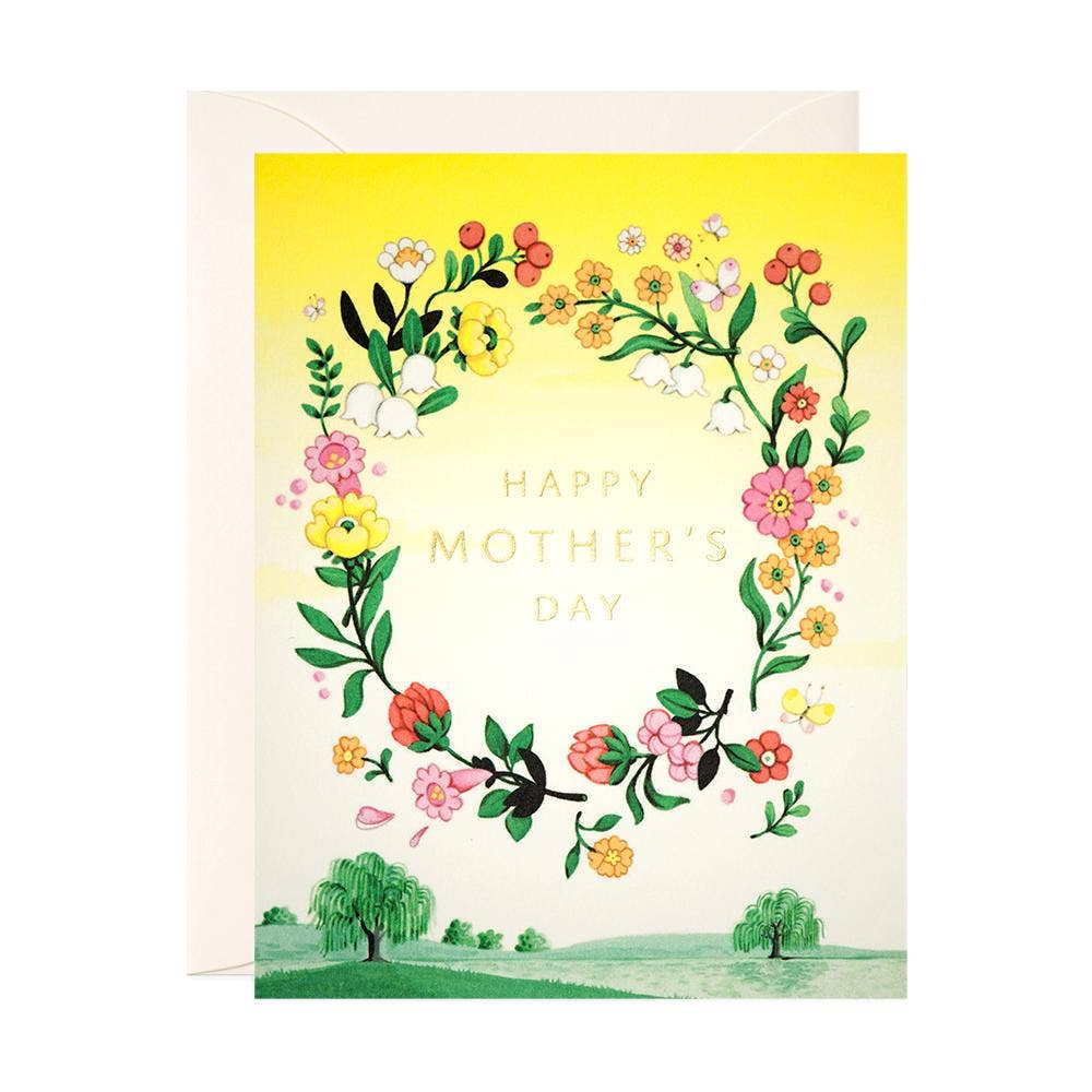 Greeting card with floral design and 'Happy Mother's Day' text on a yellow background