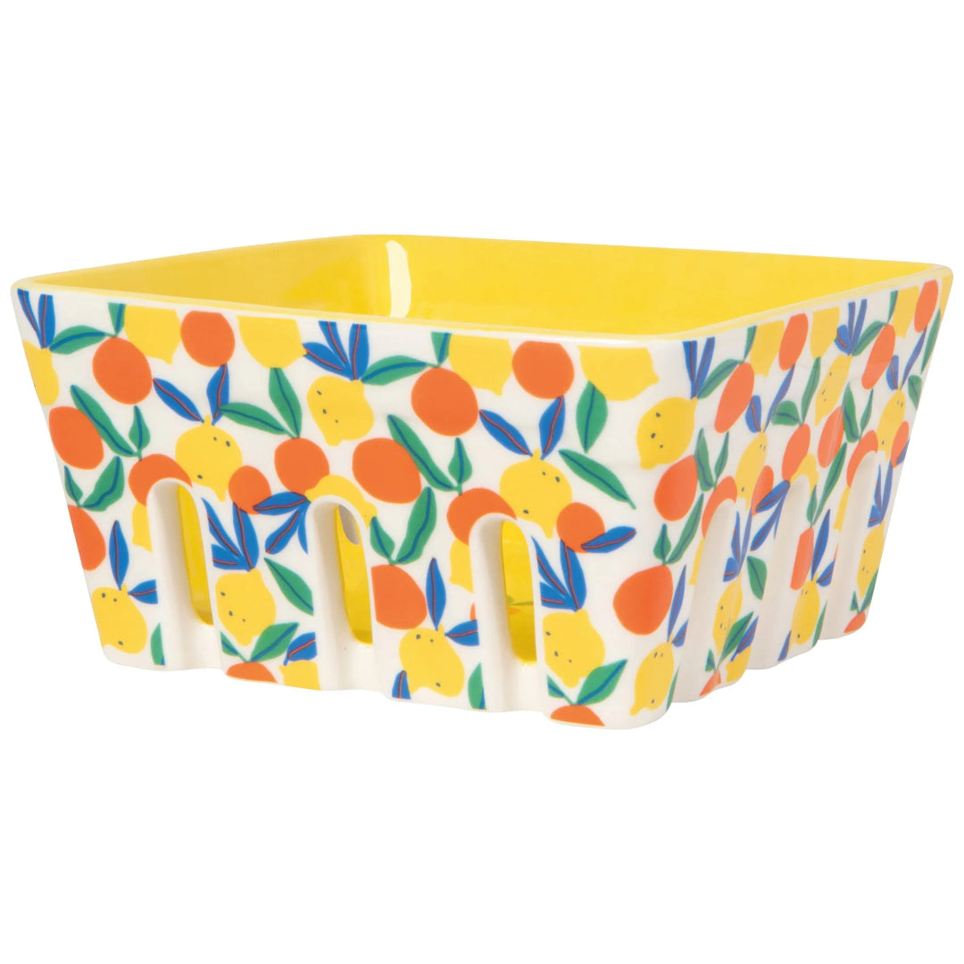 Berry basket with colorful fruit pattern on a white background