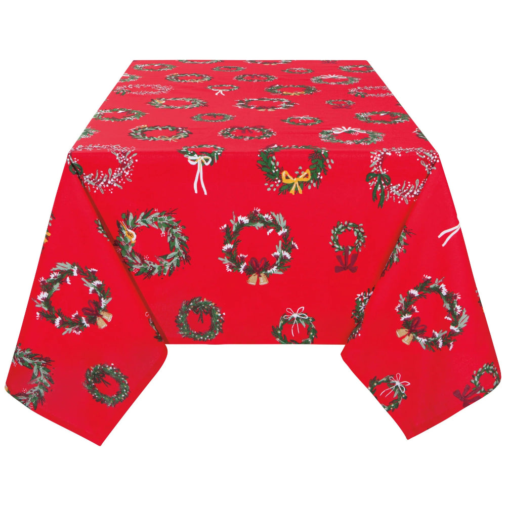 Red tablecloth with Christmas wreath pattern on a white background