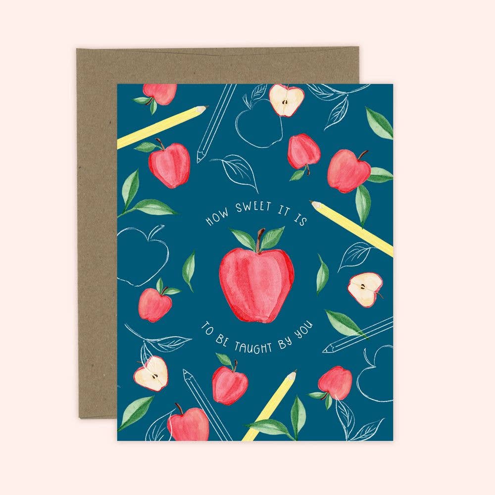 A greeting card with a blue background featuring hand illustrations of apples and pencils, and a quote about the pleasure of being taught by a teacher.