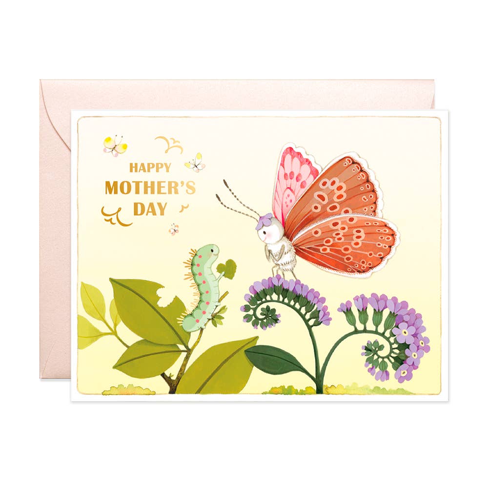 Mother's Day card with butterfly and caterpillar illustration on a white background