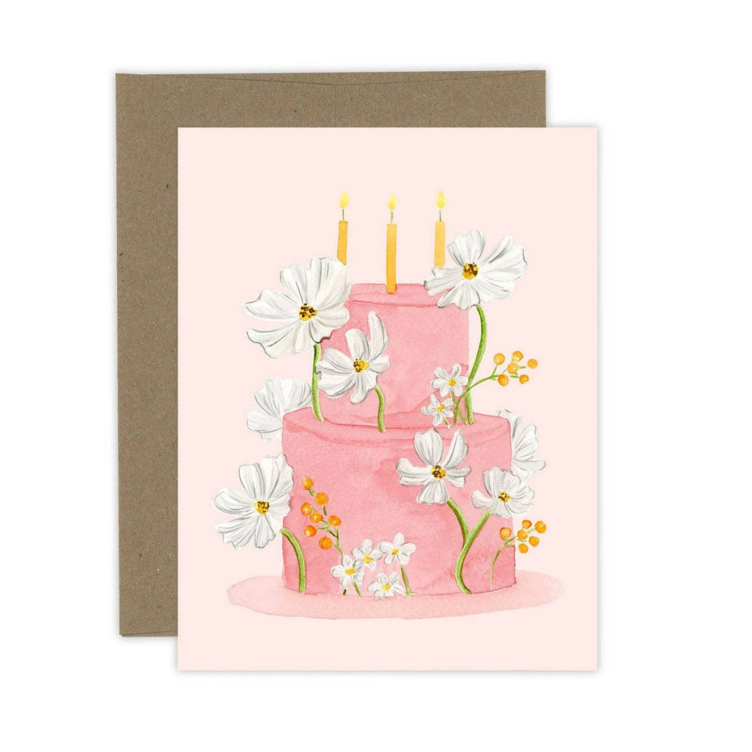 Greeting card with a pink cake illustration and flowers on a white background