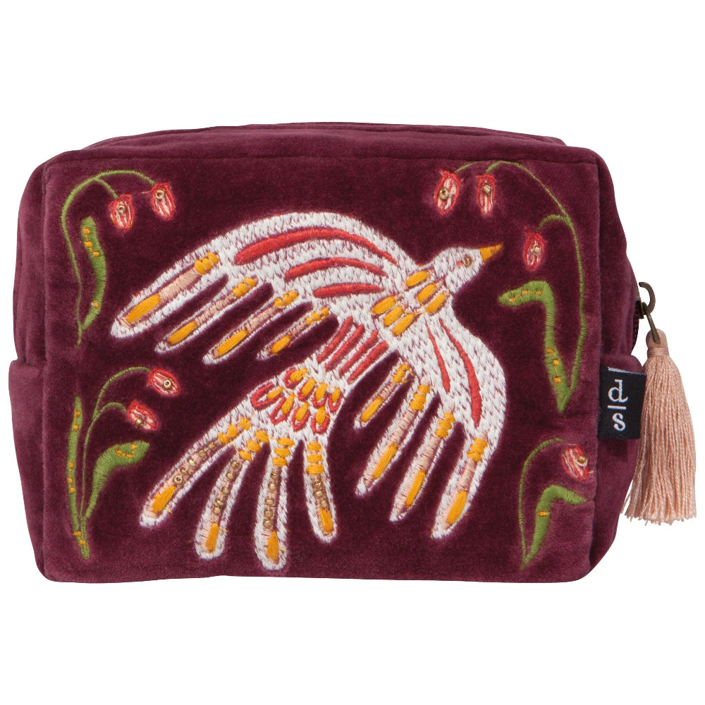 Maroon pouch with embroidered bird design on a white background