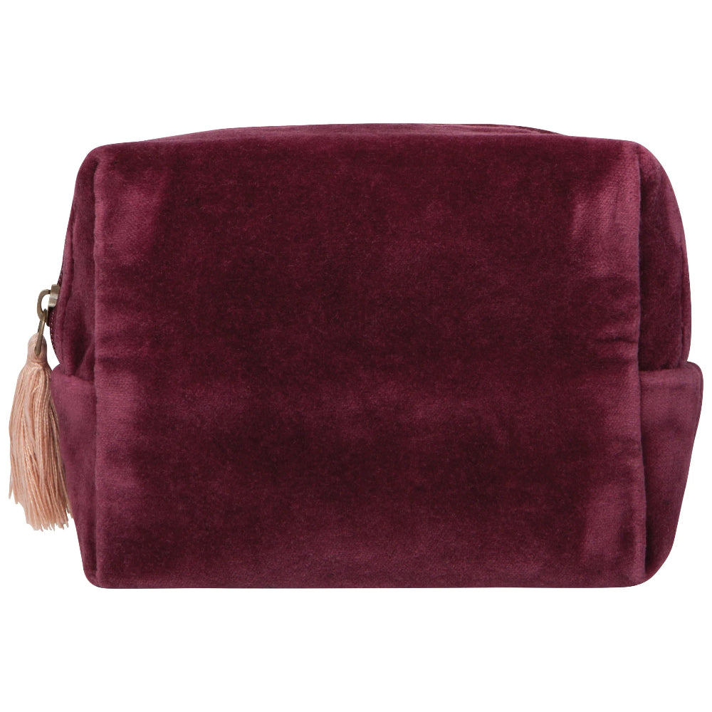 Maroon velvet pouch with a tassel on a white background