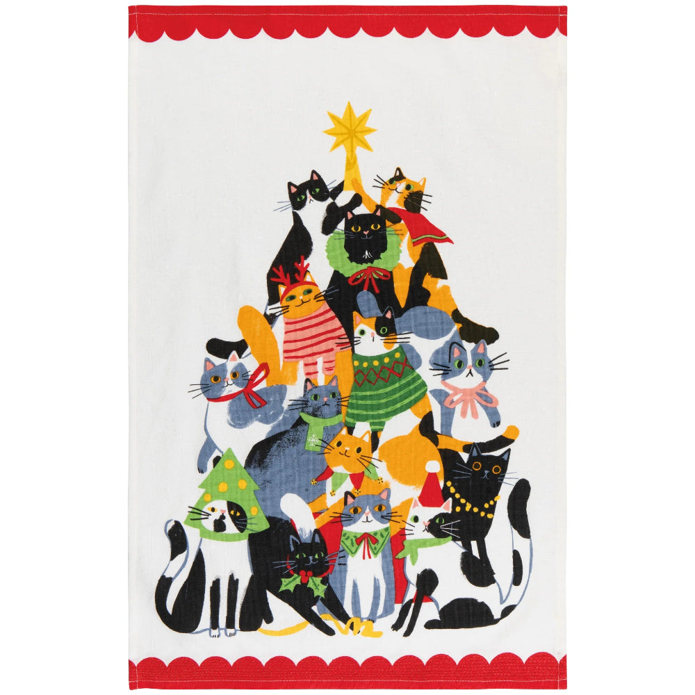 Towel with a Christmas tree design featuring cats in various poses and outfits on a white background.