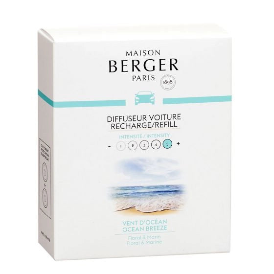 Packaging box of Maison Berger Paris Ocean Breeze car diffuser refills with a beach and ocean imagery.