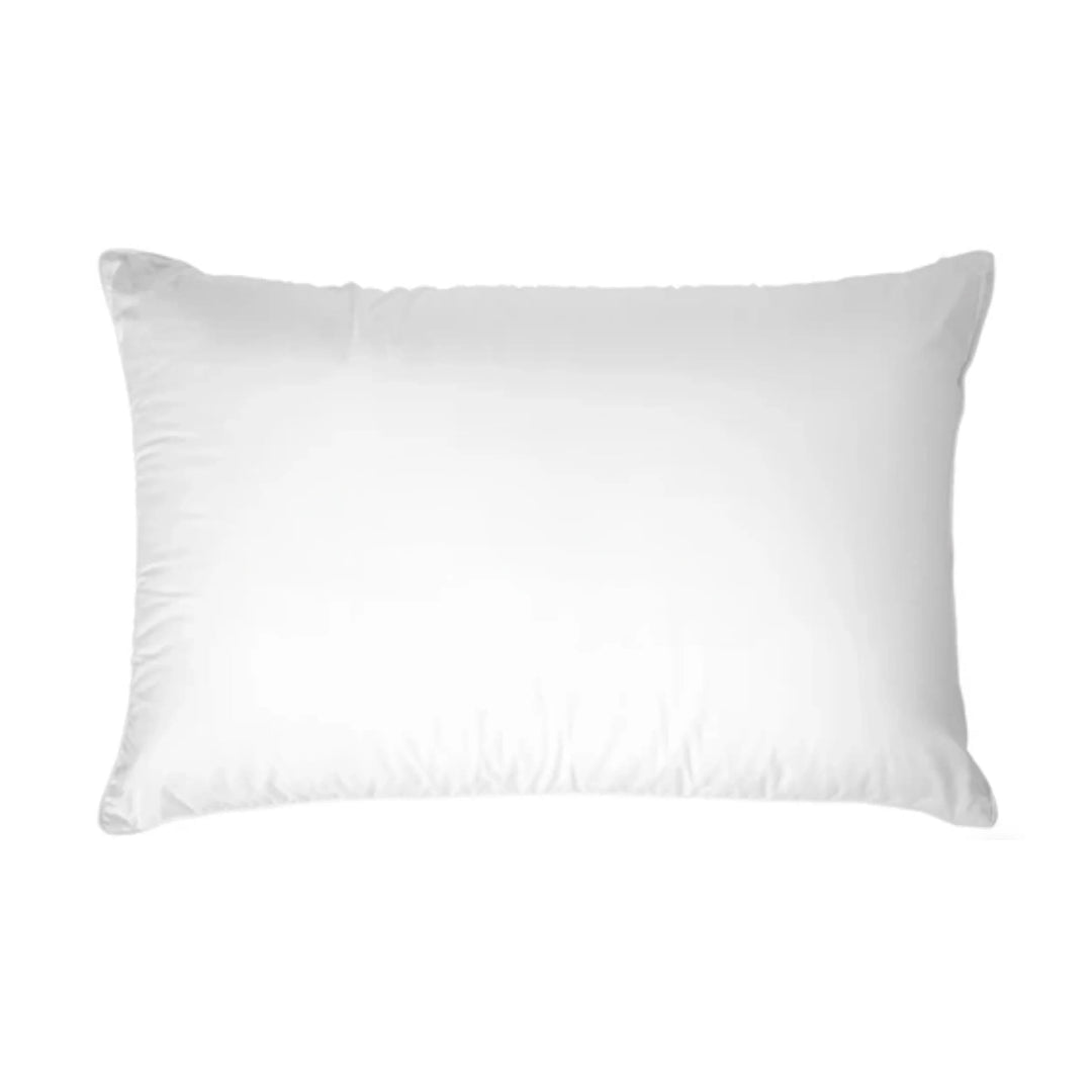 A white square feather pillow insert with a visible brand tag on the bottom corner.